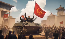 a group of people standing in front of a tank with communist flags