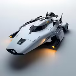 a futuristic racing car, with its lights on