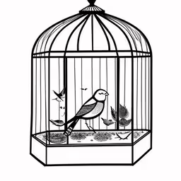 a bird in a cage with birds inside,a bird in a cage drawing on paper,a bird in a cage with birds inside,a bird inside of a cage on a white background,birds sitting in a cage that is attached to a bird feeder