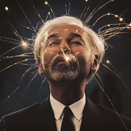 an image of a man wearing a suit with a sparklers on his forehead