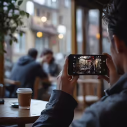 man taking a picture of a restaurant in the city