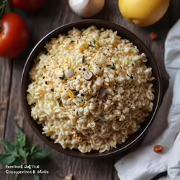 a bowl of pasta, with tomatoes and a lemon and garlic in the background