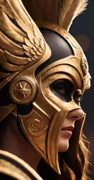 a woman is wearing a golden helmet with feathers on it