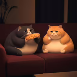 two cat figurines are posed next to a sofa
