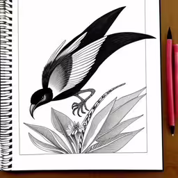 a spiral note book, with an illustration of a small black bird on top,a notebook with a pen next to a drawing of a bird