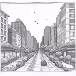 a drawing of a street with cars parked in front of buildings,a pencil drawing of a street with traffic and buildings,an artist