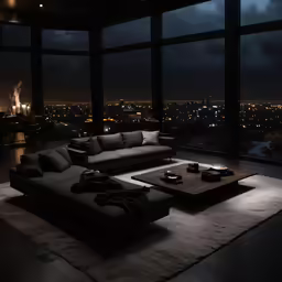 living room with black couches and a large glass window