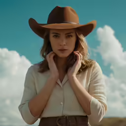 the woman is wearing a brown hat and holding her hand on her ear