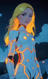 a woman in a futuristic suit stands on the ocean