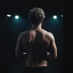 a man without a shirt is staring at the stage lights