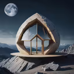 a room made out of wood and rocks near a full moon