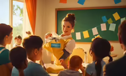woman holding apron over her shoulder as young children sit around