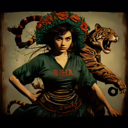 a woman standing next to a tiger with flowers on its head