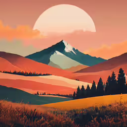 an illustration of the sun rising over a beautiful landscape,a painting of a mountain range with pine trees