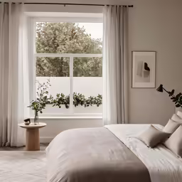this is an image of a bedroom with a bed and pillows