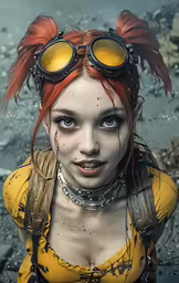 a beautiful redheaded woman with goggles and a yellow top