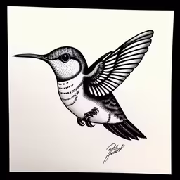 a drawing of a hummingbird flying into the sky,the bird is sitting and flying very low