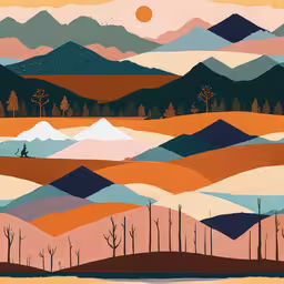 a painting of the desert with mountains in the background,a painting of a landscape with mountains and trees