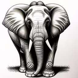 an elephant is standing with tusks and eyes closed,an elephant is in front of a white background,an elephant in black and white by itself,a black and white drawing of an elephant,an elephant in a pen and ink drawing