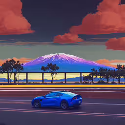 the blue sports car is driving past a mountain,a blue car sits near a parking lot