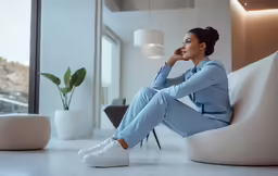 a woman sitting on a white chair in a room