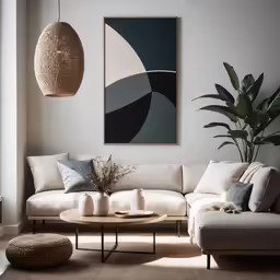 an elegant living room with an elegant couch and two tables
