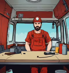 a man with red hat standing in the doorway of an ambulance,the man is standing next to a coffee maker