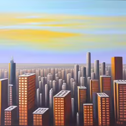 this is an image of a painting of a city,painting of city buildings in bright sunlight,painting of city skyline with buildings and sunset,a painting of a large city next to a sunset,an image of a painting with different buildings in it