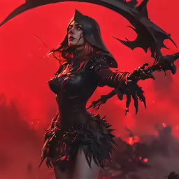 a female demon holding a scepture with blood and fire
