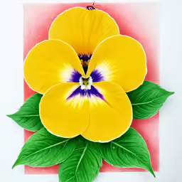 the bright yellow pansy flower is surrounded by green leaves