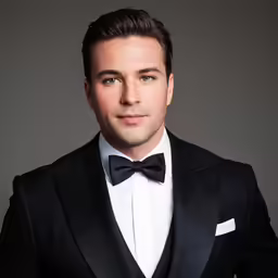 the man in a black tuxedo poses for a portrait