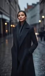 a woman wearing a black coat standing in the middle of a city street