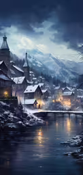 a snowy city next to a river with buildings in the background,a landscape of a mountain village and lake in a dark night