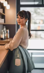 a woman holding a small gray purse next to a counter