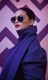 a woman in a blue jacket and sunglasses