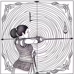an illustration shows a woman aiming at an arrow,a drawing of a girl aiming an arrow at the target,a girl aiming a bow while holding a stick in her hand,a girl aiming an arrow with a bow,the young woman in an arrow shooting her bow