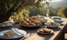 several plates and bowls of bread on a table with wine
