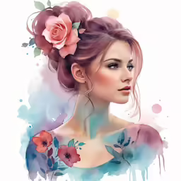 a watercolor painting of a woman with flowers in her hair
