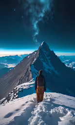 the man is standing at the top of the mountain