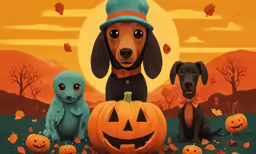 dog painting in cartoon pumpkin scene with pumpkins