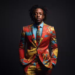 a man with dreadlocks in a colorful suit,a man in a suit and tie in the dark