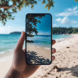 someone taking a picture with their iphone on a beach