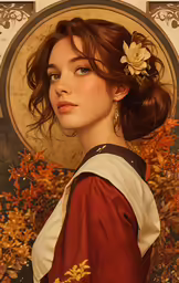 a lady with a white flower on her hair in front of an ornate frame
