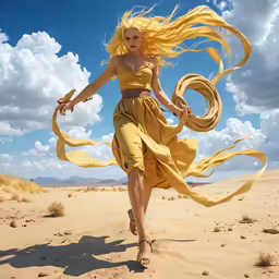 a woman in yellow is running through the desert