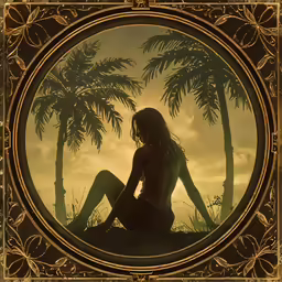 a woman sitting on the ground surrounded by palm trees