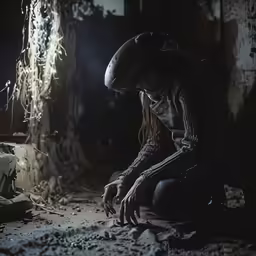 a person kneeling down to a table cutting some sort of object