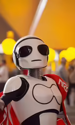 robot wearing sunglasses and a red jacket is looking at the camera