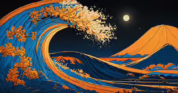 the wave is in front of the full moon,the great wave, with a full moon