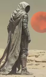 man in grey suit standing in desert looking at the sun