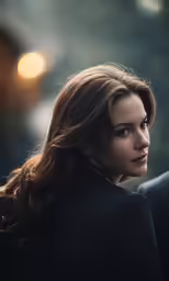 a woman with curly brown hair looks back at the camera